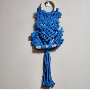 Rustic hand-made macrame wall hanging owl color blue